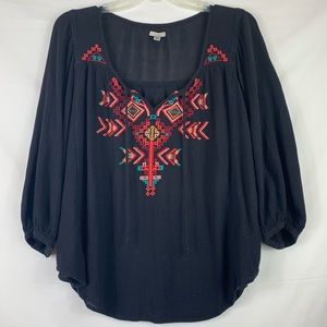 Anthropologie | Embroidered Black Peasant Blouse S